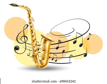 Golden saxophone with music notes in background illustration