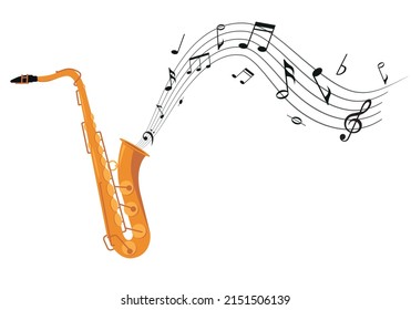 Goldenes Saxophon mit Musiknoten einzeln auf weißem Hintergrund. Wind klassisches Jazz Musikinstrument. Vektorgrafik auf ebene oder kartografische Art