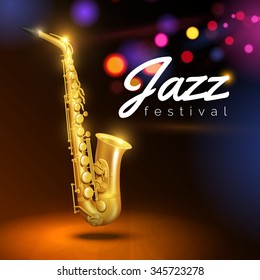 Golden saxophone on black background with colored lights and caption jazz festival  vector Illustration 