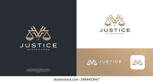 Golden scale with letter V logo symbol law firm or justice logo design.