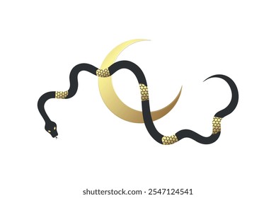 Serpiente escamada dorada con media luna. Abstractas serpiente celestial negra y dorada. 