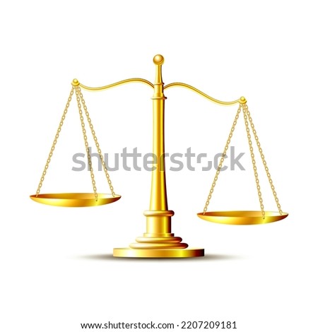 Golden scales.  Antique measuring device, Beam balance weight scales, retro mass balances of judgment and punishment, equality concept. Vector illustration isolated on white background