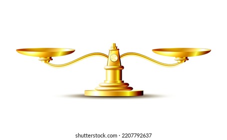 Golden scales. Bowls of scales in balance. Libra icon. Vector illustration isolated on white background.