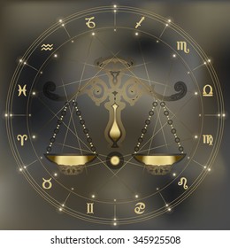 Golden scales, zodiac Libra sign for astrological predestination and horoscope