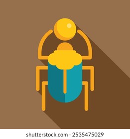 Golden scarab beetle, an ancient egypt symbol, flat design icon with long shadow on a brown background