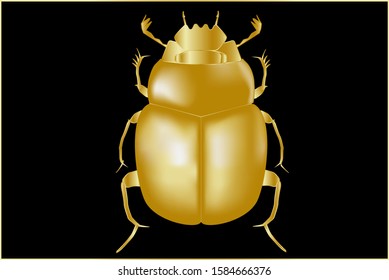 The golden scarab bug is a symbol and personification of the Egyptian solar deity. Vector illustration on a black background.