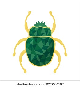 golden scarab with precious stones and green emerald on the back on a white background. The Eastern symbol. Brooch in the form of a May beetle