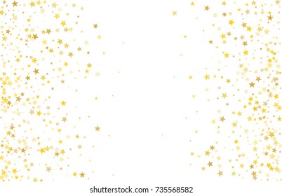 Golden scattered chaotically confetti-stars on white. Luxury festive background. Element of design. It is suitable for business cards, banners, posters. Vector illustration, EPS 10.