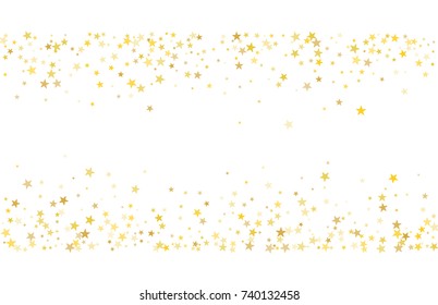 Golden scattered chaotically confetti-stars on white. Luxury festive background. Element of design. It is suitable for business cards, banners, posters. Vector illustration, EPS 10.