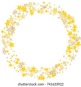 Golden scattered chaotically confetti-stars on white. Luxury festive background. Element of design. It is suitable for business cards, banners, posters. Vector illustration, EPS 10.