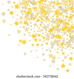 Golden scattered chaotically confetti-stars on white. Luxury festive background. Element of design. It is suitable for business cards, banners, posters. Vector illustration, EPS 10.