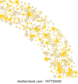 Golden scattered chaotically confetti-stars on white. Luxury festive background. Element of design. It is suitable for business cards, banners, posters. Vector illustration, EPS 10.