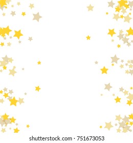 Golden scattered chaotically confetti-stars on white. Luxury festive background. Element of design. It is suitable for business cards, banners, posters. Vector illustration, EPS 10.