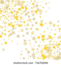 Golden scattered chaotically confetti-stars on white. Luxury festive background. Element of design. It is suitable for business cards, banners, posters. Vector illustration, EPS 10.
