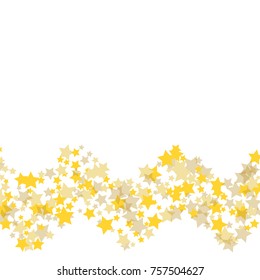 Golden scattered chaotically confetti-stars on white. Luxury festive background. Element of design. It is suitable for business cards, banners, posters. Vector illustration, EPS 10.