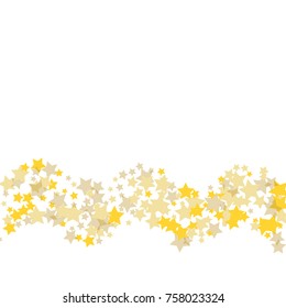 Golden scattered chaotically confetti-stars on white. Luxury festive background. Element of design. It is suitable for business cards, banners, posters. Vector illustration, EPS 10.