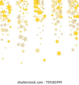 Golden scattered chaotically confetti-stars on white. Luxury festive background. Element of design. It is suitable for business cards, banners, posters. Vector illustration, EPS 10.