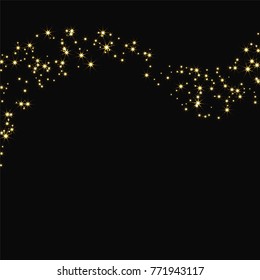 Golden scattered chaotically confetti-stars on black. Luxury festive background. Element of design. It is suitable for business cards, banners, posters. Vector illustration, EPS 10.