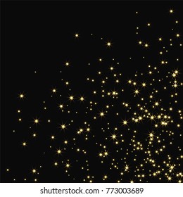 Golden scattered chaotically confetti-stars on black. Luxury festive background. Element of design. It is suitable for business cards, banners, posters. Vector illustration, EPS 10.