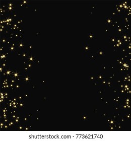 Golden scattered chaotically confetti-stars on black. Luxury festive background. Element of design. It is suitable for business cards, banners, posters. Vector illustration, EPS 10.