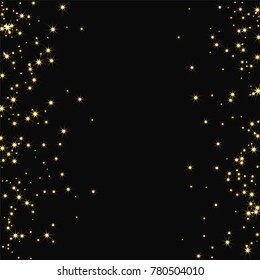 Golden scattered chaotically confetti-stars on black. Luxury festive background. Element of design. It is suitable for business cards, banners, posters. Vector illustration, EPS 10.