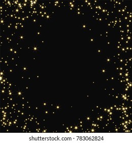 Golden scattered chaotically confetti-stars on black. Luxury festive background. Element of design. It is suitable for business cards, banners, posters. Vector illustration, EPS 10.