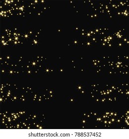 Golden scattered chaotically confetti-stars on black. Luxury festive background. Element of design. It is suitable for business cards, banners, posters. Vector illustration, EPS 10.