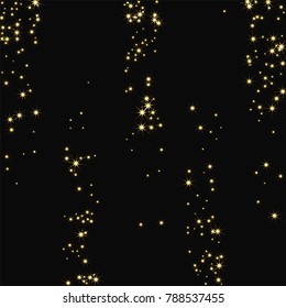 Golden scattered chaotically confetti-stars on black. Luxury festive background. Element of design. It is suitable for business cards, banners, posters. Vector illustration, EPS 10.