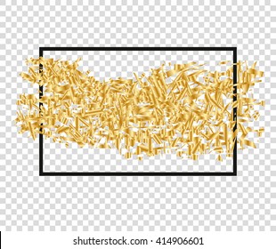 Golden scattered sequins with black frame. Background for banner, greeting, invitations, postcards, VIP, exclusive, certificate, gift, privilege voucher. Place for your text or message. Vector