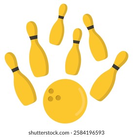 Golden golden scattered skittles and bowling ball icon isolated on white background.