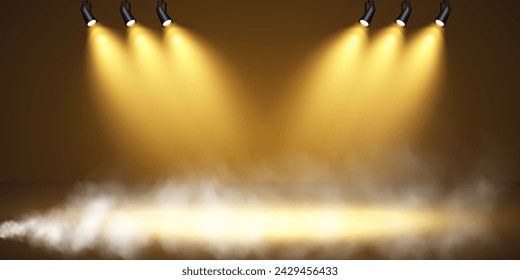 Golden scene with directed spotlight on dark background, floating smoke of first place, fame and popularity. Vector illustration