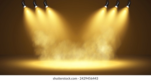 Golden scene with directed spotlight on dark background, floating smoke of first place, fame and popularity. Vector illustration