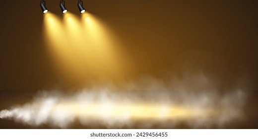 Golden scene with directed spotlight on dark background, floating smoke of first place, fame and popularity. Vector illustration