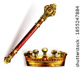 Golden scepter and crown for king or queen, royal wand and corona with red gems for Monarch. Gold monarchy emperor symbols, imperial coronation headwear, rod or mace, Realistic 3d vector illustration