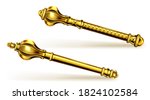 Golden scepter for king or queen, royal wand for Monarch. Gold sceptre monarchy medieval emperor symbol, imperial coronation rod or mace isolated on white background. Realistic 3d vector illustration