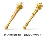 Golden scepters for king or queen, royal wand with red gems for Monarch. Gold sceptres monarchy emperor symbol, imperial coronation rod isolated on white background. Realistic 3d vector illustration