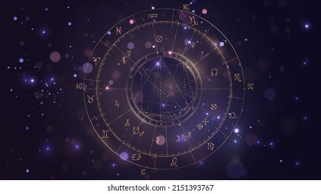 Golden scheme of the natal chart on the background of the starry sky