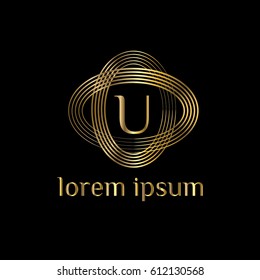 Golden science vector logo. Linear letter U monogram