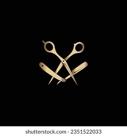 Golden scissor and blade for barbershop or hair product