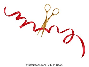 Golden Scissors Ceremony. Elegant Ribbon Cutting for Grand Opening Event. Vector illustration