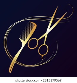 Golden scissors comb and curl of hair