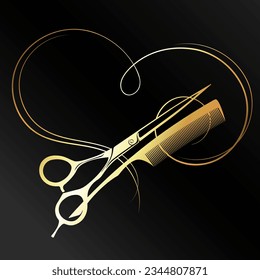 Golden scissors comb and curl hair heart symbol. Design for a beauty salon