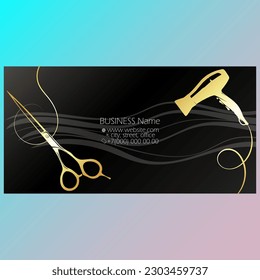 Golden scissors and comb design. Business card for beauty and hair salon