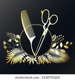 Golden scissors comb and flowers leaves design