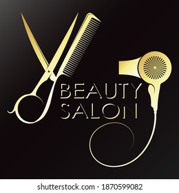 Golden scissors and comb with hairdryer symbol for beauty salon