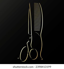 Goldene Schere und Kammsilhouette. Symbol für Schönheitssalon und Haarstylist