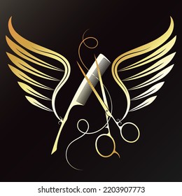 Golden scissors comb and wings. Design for hair salon and stylist