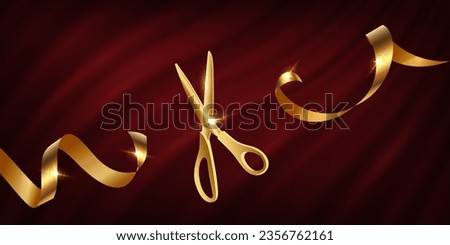 Golden scissors cut gold ribbon on red curtain background realistic illustration. Grand opening ceremony symbols, 3d accessories, traditional ritual before launching new business, campaign.