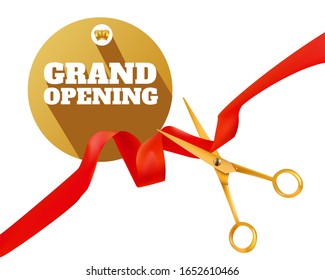 Golden scissors cut the red ribbon. The Symbol of the Grand Opening Event. Vector Object. Design Element. Title Grand Opening In Circle Gold Frame. Template for Card, Poster, Web, Invitation.