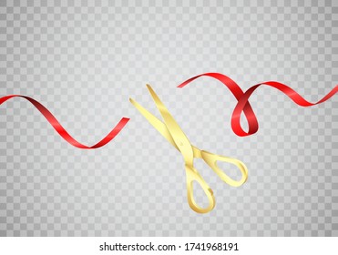 Golden scissors cut red silk ribbon. Start celebration. Grand opening ceremony. Vector realistic illustration isolated 